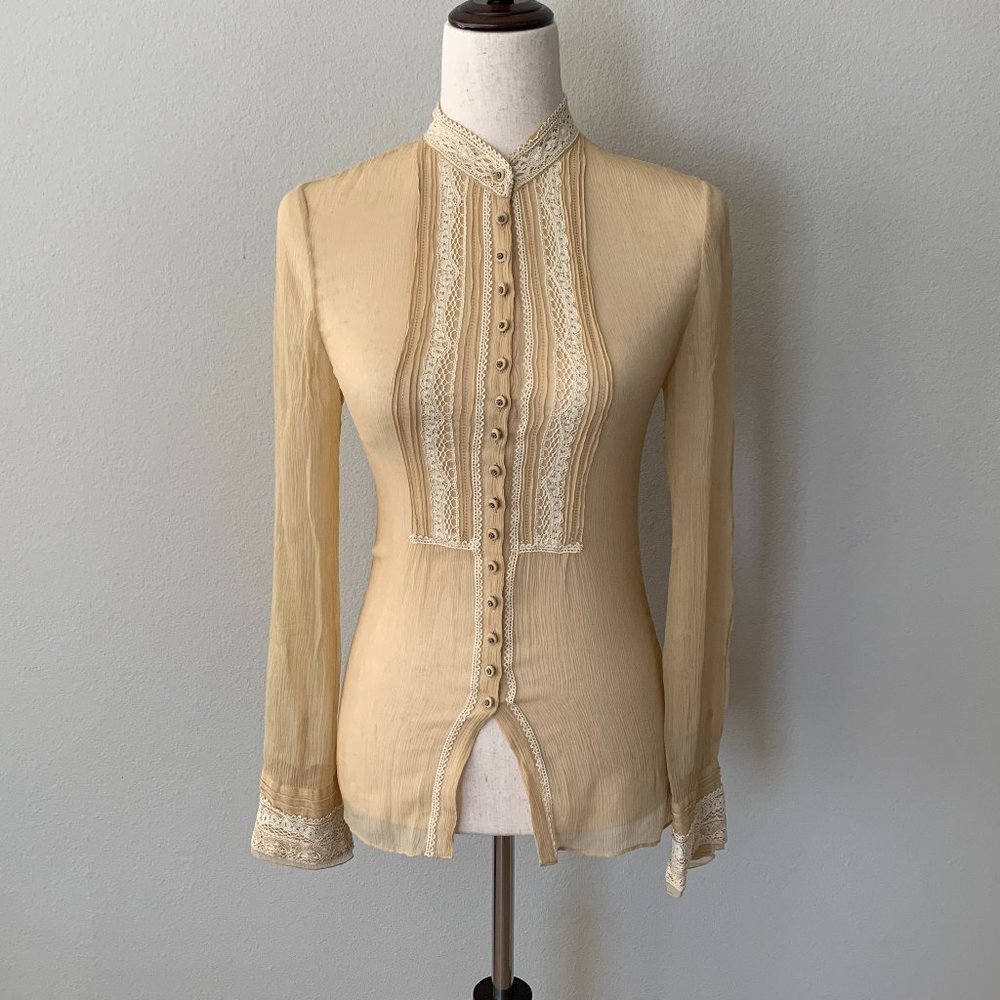 Elie Tahari Romantic Silk Beige Blouse With Lace Panels and Button Detail